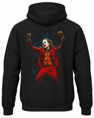 Czarna bluza z kapturem i nadrukiem na plecach: Joker – czerwony garnitur
