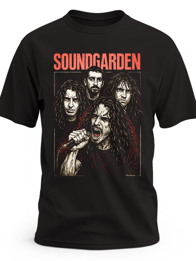 Czarna koszulka Soundgarden z portretem zespołu i czerwonym napisem