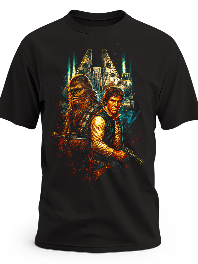 Czarna koszulka z nadrukiem Hana Solo i Chewbaccy z filmu Gwiezdne wojny