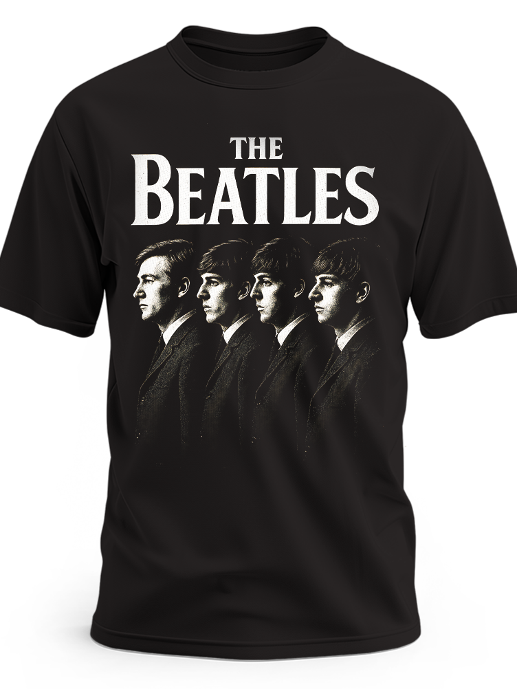 Czarna koszulka The Beatles z białym logo i sylwetkami członków zespołu