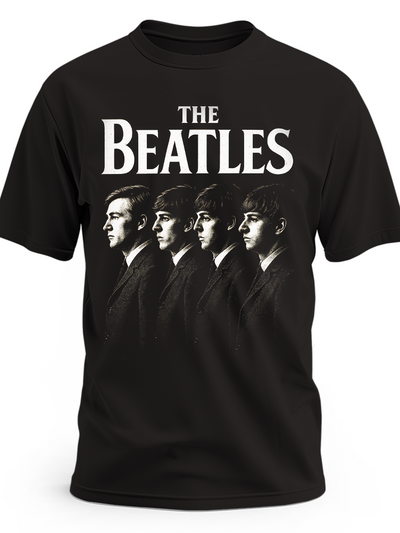 Czarna koszulka The Beatles z białym logo i sylwetkami członków zespołu
