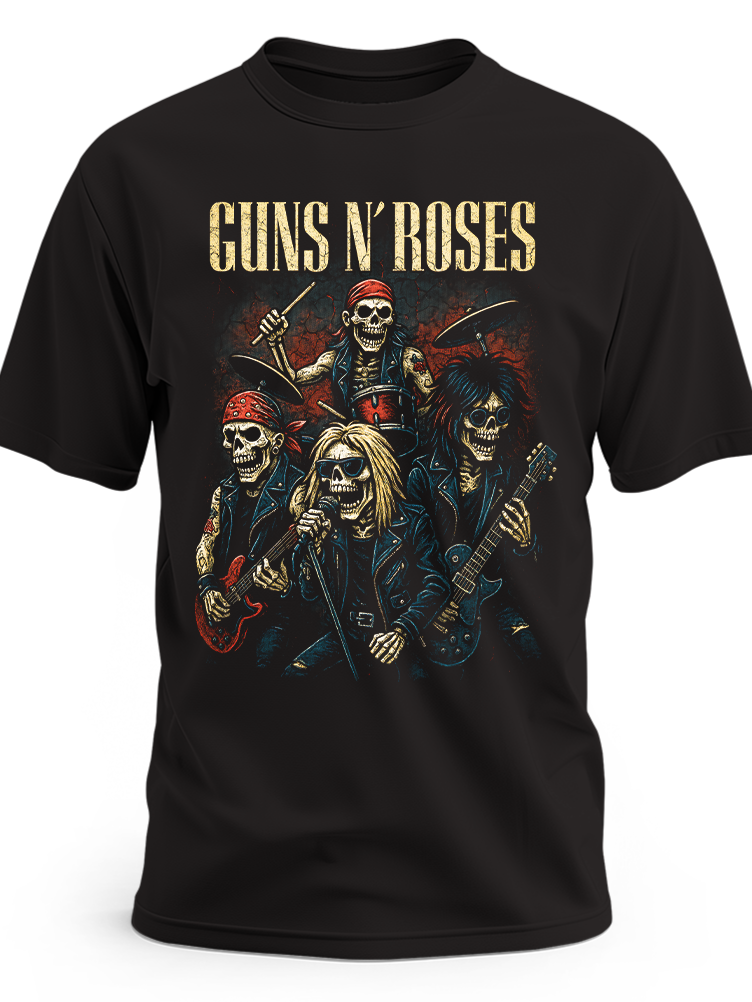 Czarna koszulka Guns N’ Roses z nadrukiem szkieletowego zespołu muzycznego