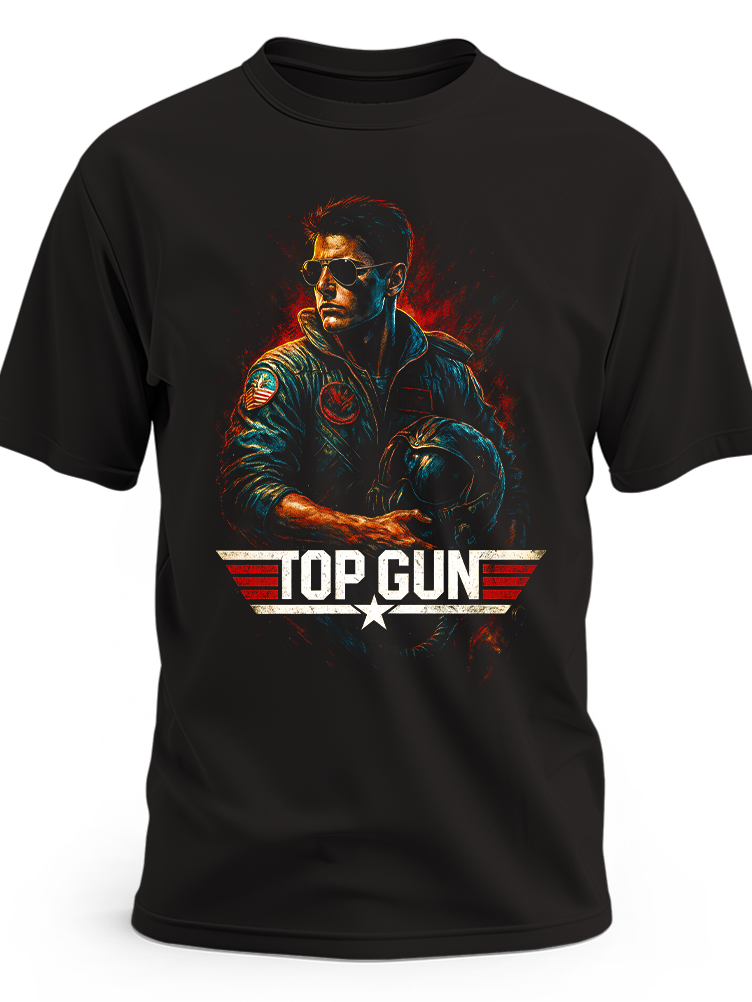 Czarna koszulka z nadrukiem Mavericka w stroju pilota i napisem Top Gun