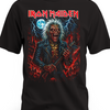 Czarna koszulka Iron Maiden z Eddiem i niebieskimi błyskawicami na czerwonym tle
