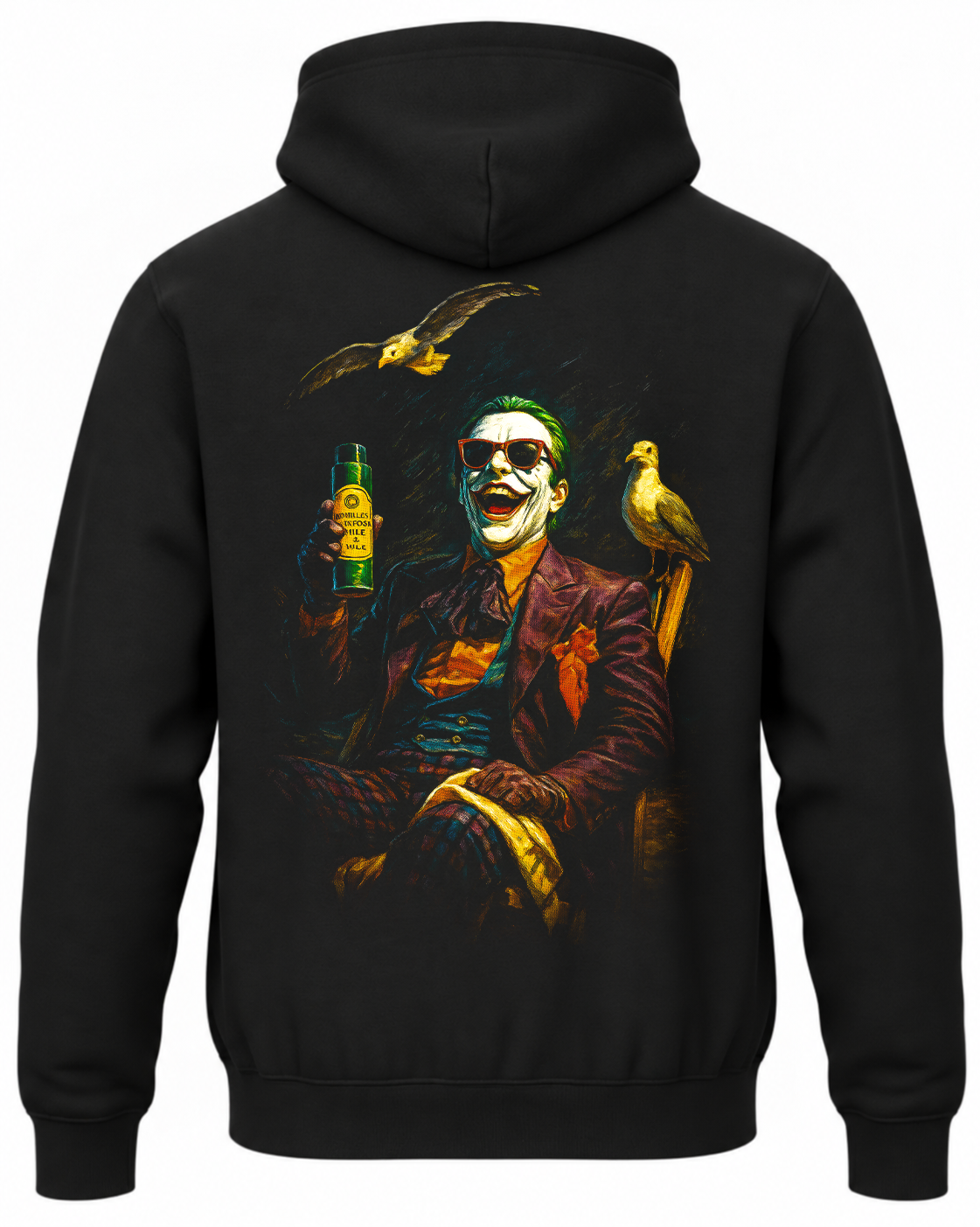Czarna bluza z kapturem i nadrukiem na plecach: Joker – okulary i ptaki