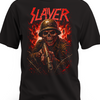 Czarna koszulka Slayer z czerwonym logo i szkieletem żołnierza w płomieniach