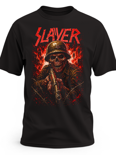 Czarna koszulka Slayer z czerwonym logo i szkieletem żołnierza w płomieniach