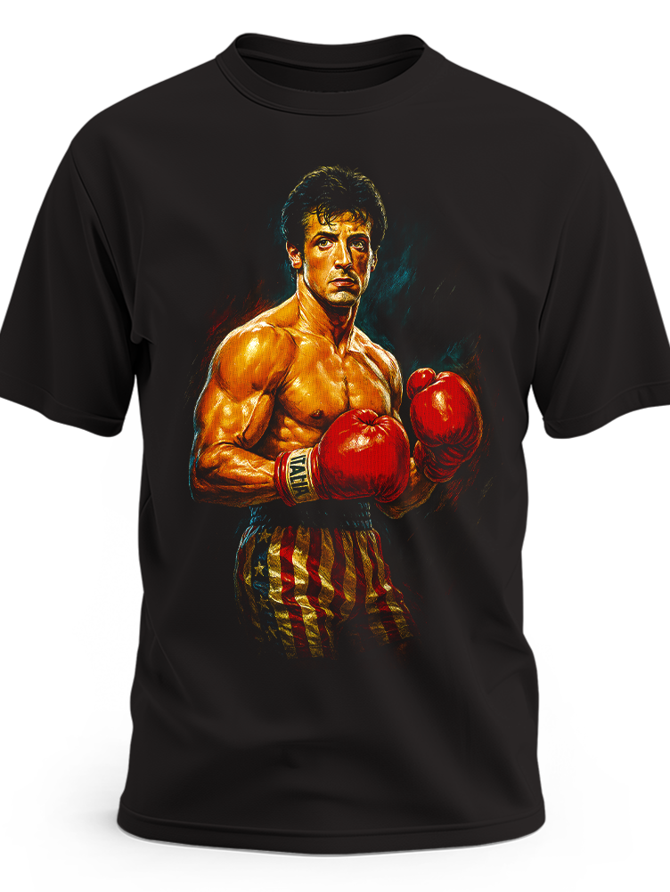 Czarna koszulka z nadrukiem Rocky’ego Balboa z filmu Rocky