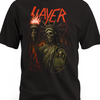Czarna koszulka Slayer z czerwonym logo i szkieletową Statuą Wolności z płonącą pochodnią