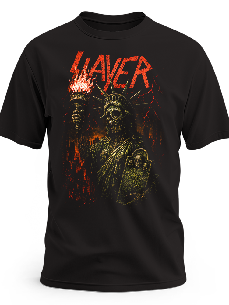 Czarna koszulka Slayer z czerwonym logo i szkieletową Statuą Wolności z płonącą pochodnią