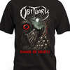 Czarna koszulka Obituary z białym logo, czaszkami i czerwonym napisem Cause of Death