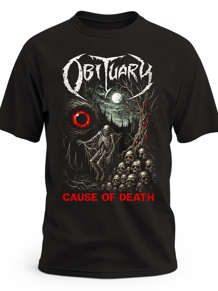 Czarna koszulka Obituary z białym logo, czaszkami i czerwonym napisem Cause of Death