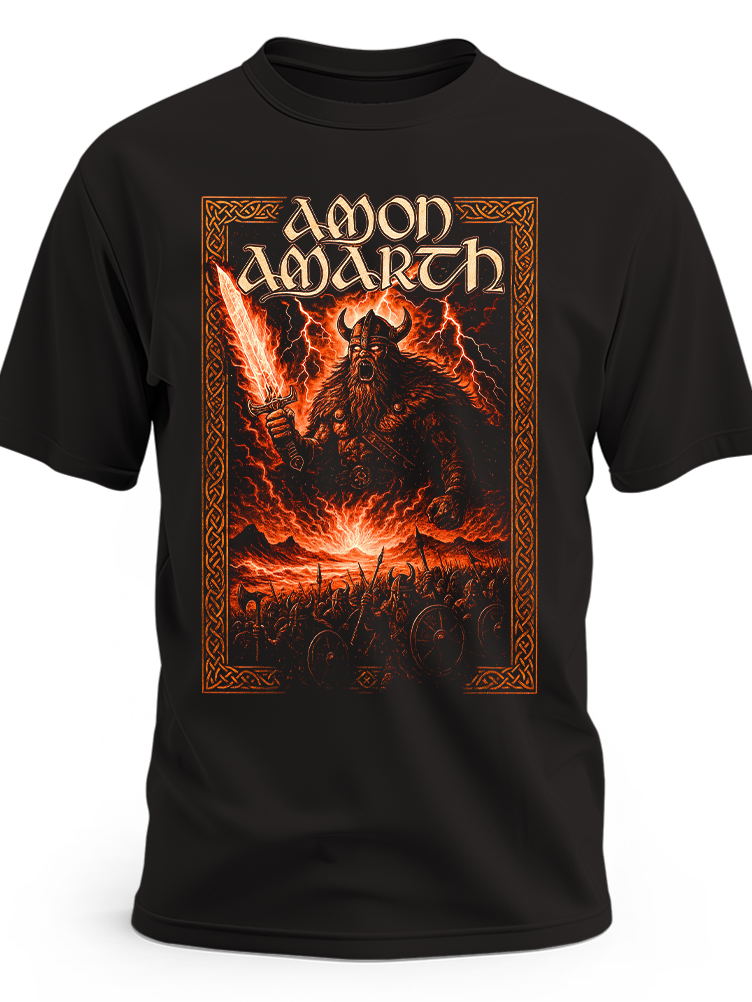 Czarna koszulka Amon Amarth z wojownikiem w hełmie i płonącym mieczem