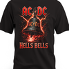 Czarna koszulka AC/DC z czerwonym logo, dzwonem i napisem Hells Bells