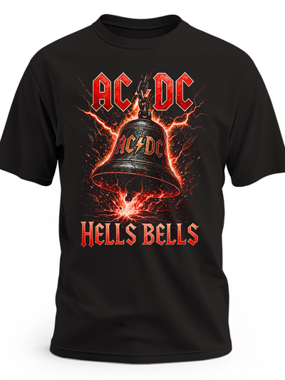 Czarna koszulka AC/DC z czerwonym logo, dzwonem i napisem Hells Bells