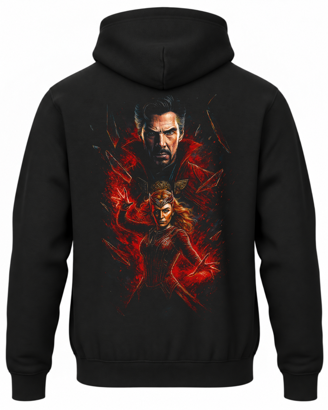 Czarna bluza z kapturem i nadrukiem na plecach: Doctor Strange i Scarlet Witch