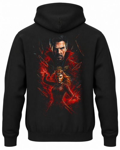 Czarna bluza z kapturem i nadrukiem na plecach: Doctor Strange i Scarlet Witch