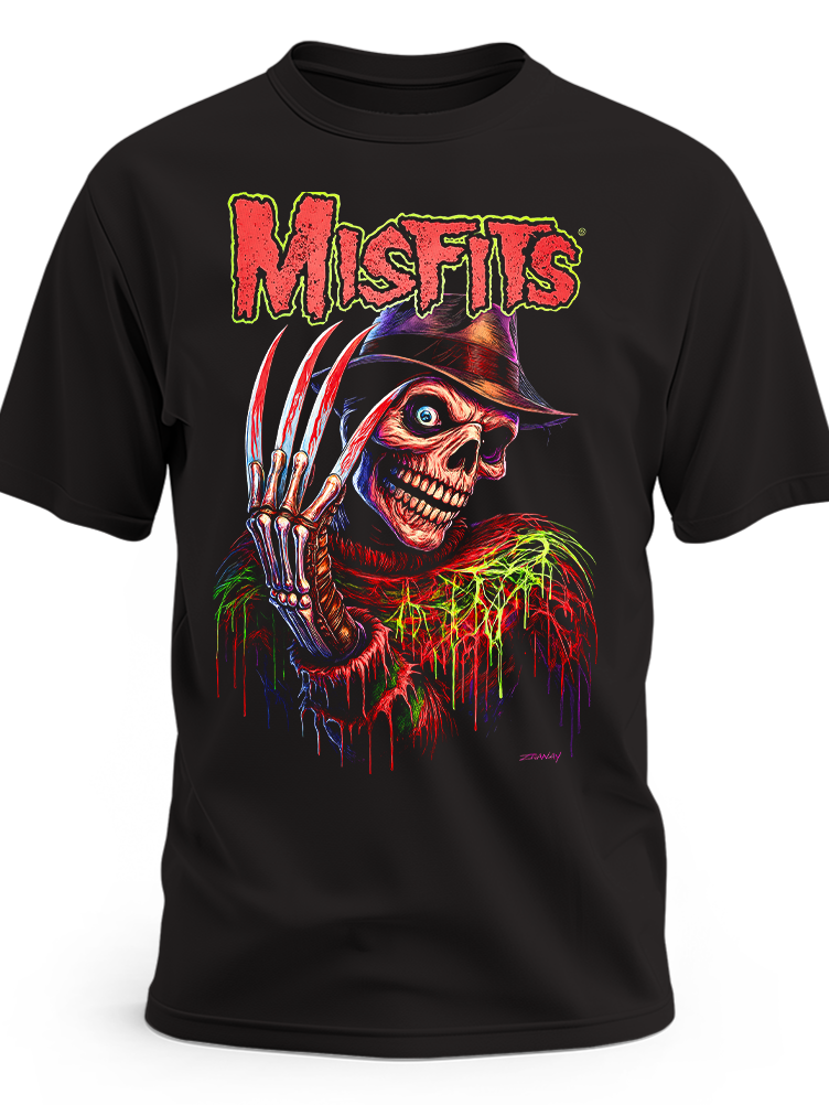 Czarna koszulka Misfits z czerwonym logo i wielobarwną czaszką