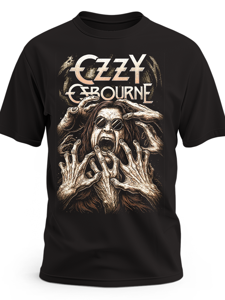 Czarna koszulka Ozzy Osbourne z jasnym portretem i białym napisem