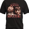 Czarna koszulka Sepultura z portretami i napisami Roots oraz Sepultura