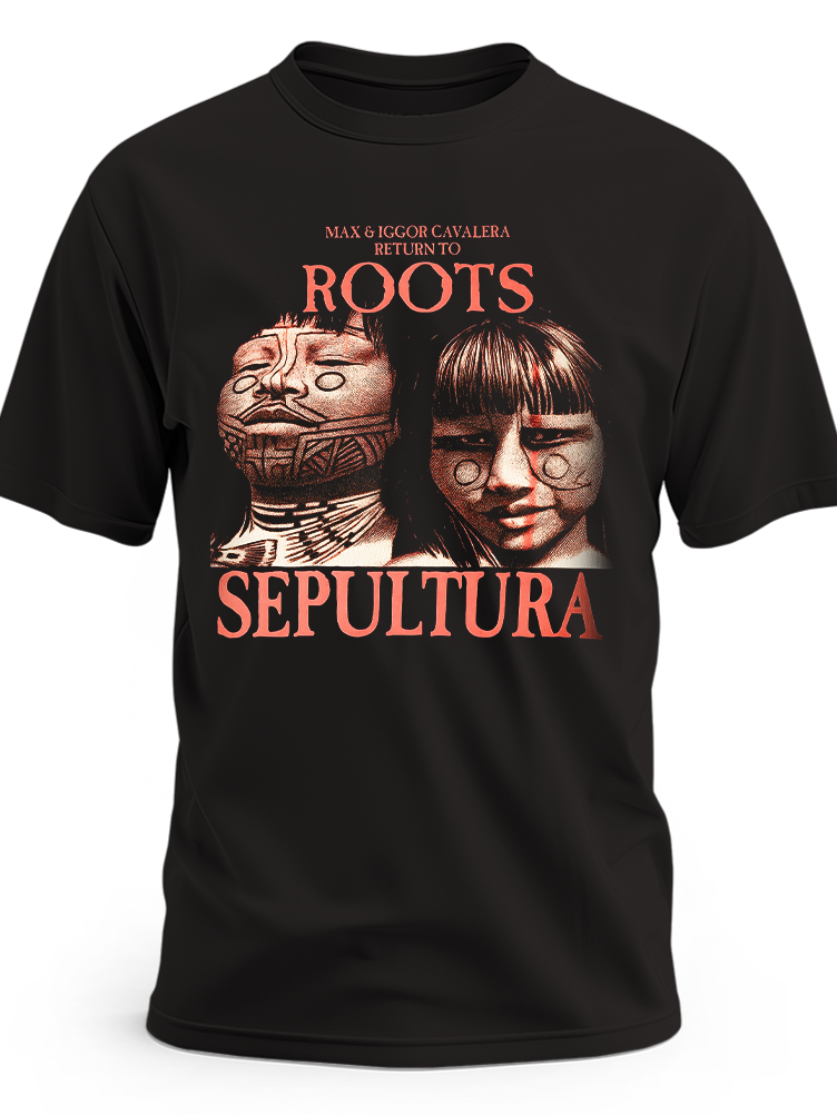 Czarna koszulka Sepultura z portretami i napisami Roots oraz Sepultura