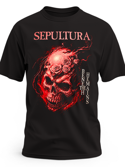 Czarna koszulka Sepultura z białym logo i czerwoną czaszką