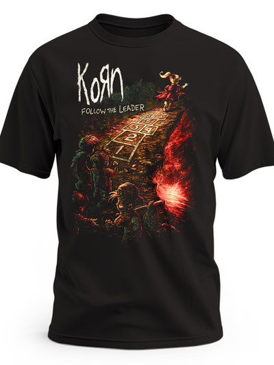 Czarna koszulka KoRn z białym logo i nadrukiem Follow the Leader