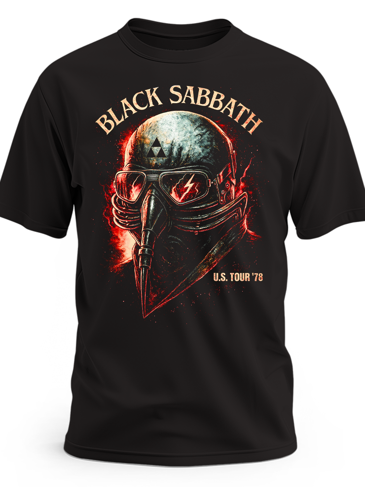 Czarna koszulka Black Sabbath z hełmem, goglami i napisem U.S. Tour ’78