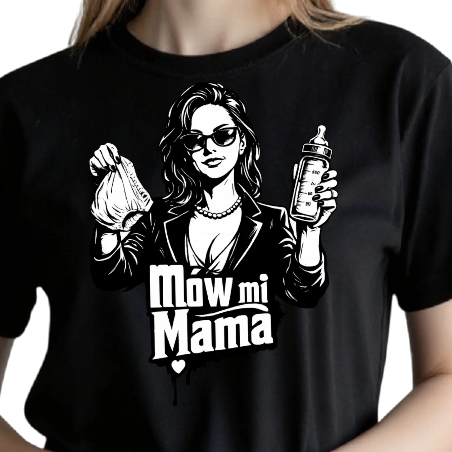 Koszulka damska z nadrukiem damska z grafiką mamy z butelką mleka i pieluchą prezent dla młodej mamy