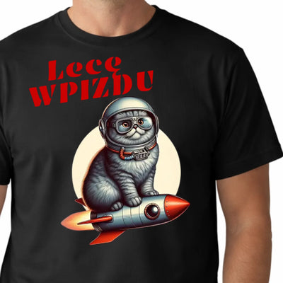 Koszulka męska na prezent z nadrukiem kota na rakiecie i napisem lecę wpizdu czarna