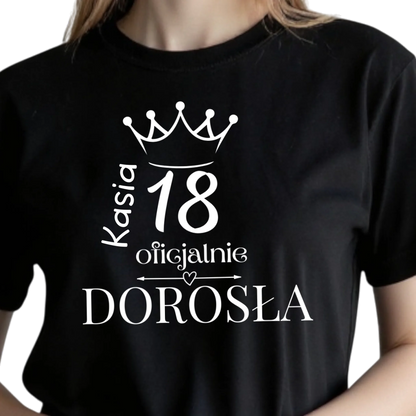 Koszulka na 18 urodziny dla dziewczyny oficjalnie dorosła czarna