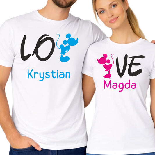 Zestaw prezentowy dla pary koszulki LO VE z myszką i personalizowanymi imionami