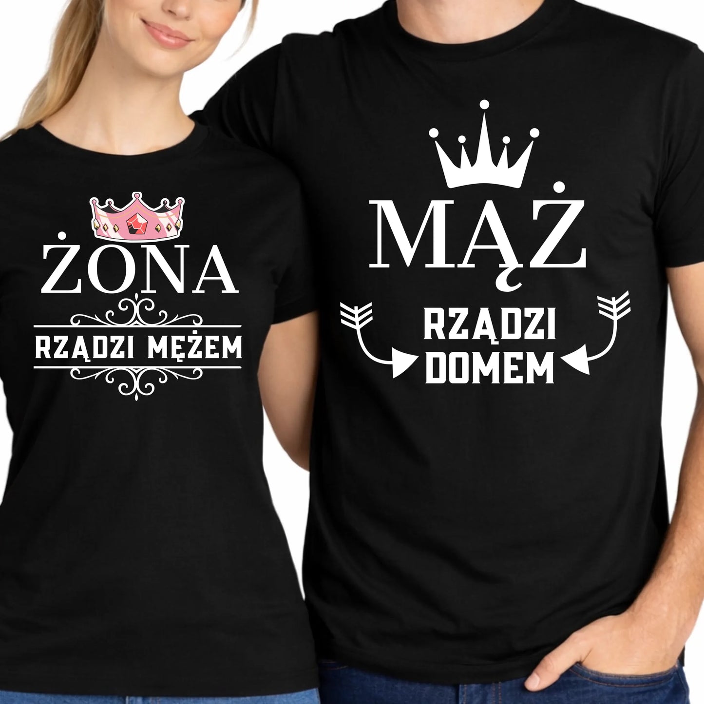 Zestaw prezentowy dla męża i żony koszulki z nadrukiem mąż rządzi domem żona rządzi mężem