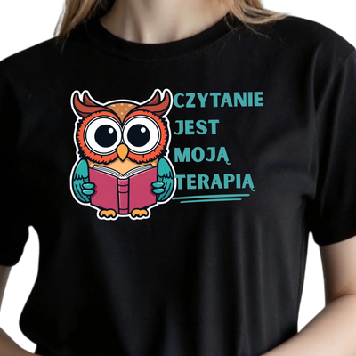 Prezent dla mola książkowego koszulka damska z nadrukiem sowy czytającą książkę czytanie jest moją terapią
