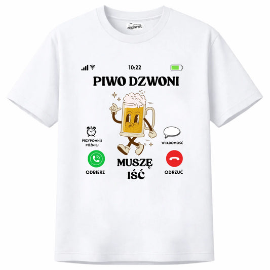 Prezent dla piwosza koszulka męska z nadrukiem piwo dzwoni musze iść