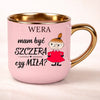 Śmieszny kubek z napisem Mam być szczera czy miła