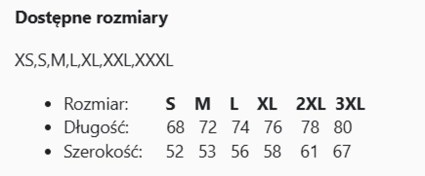 Dostępne rozmiary koszulki męskiej 190gram