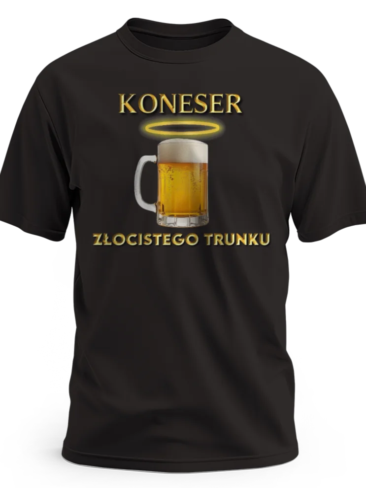 Prezent dla piwosza koszulka męska z nadrukiem koneser złocistego trunku czarna