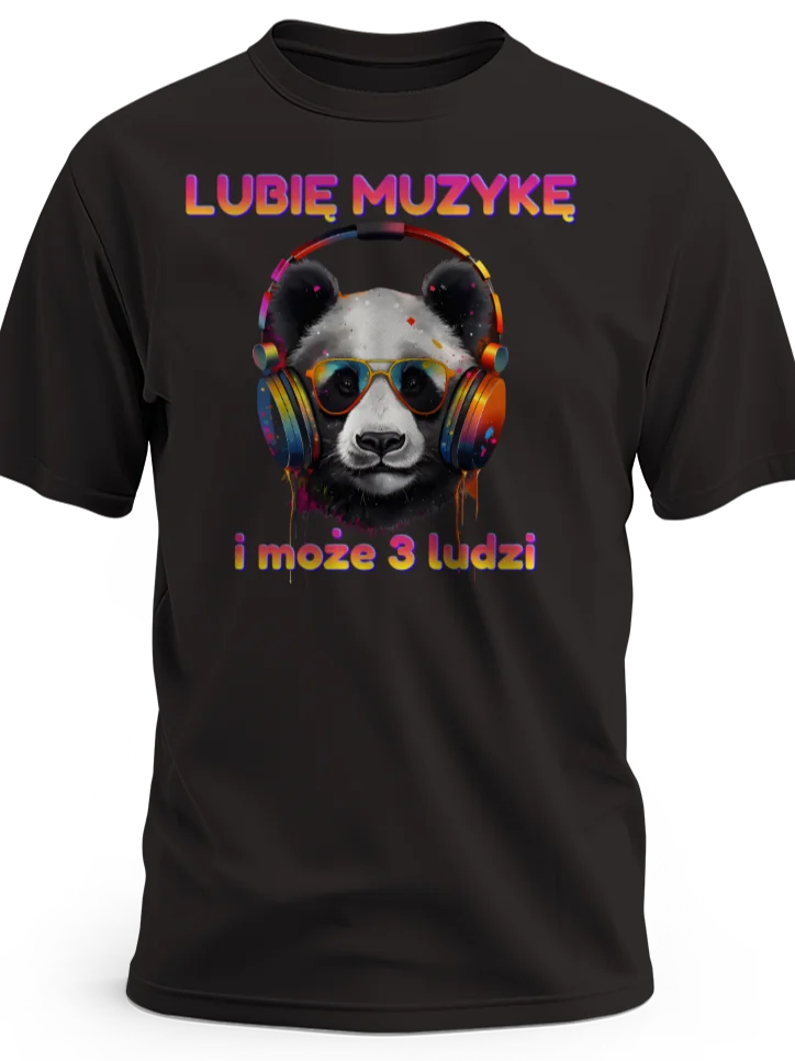 Prezent dla muzyka koszulka męska z nadrukiem pandy w słuchawkach lubię muzykę i może 3 ludzi czarna
