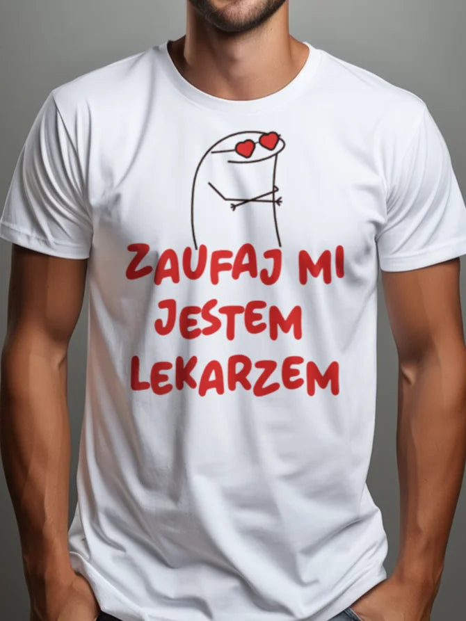 Prezent dla lekarza koszulka męska z nadrukiem zaufaj mi jestem lekarzem biała
