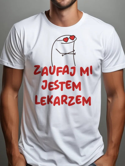 Prezent dla lekarza koszulka męska z nadrukiem zaufaj mi jestem lekarzem biała