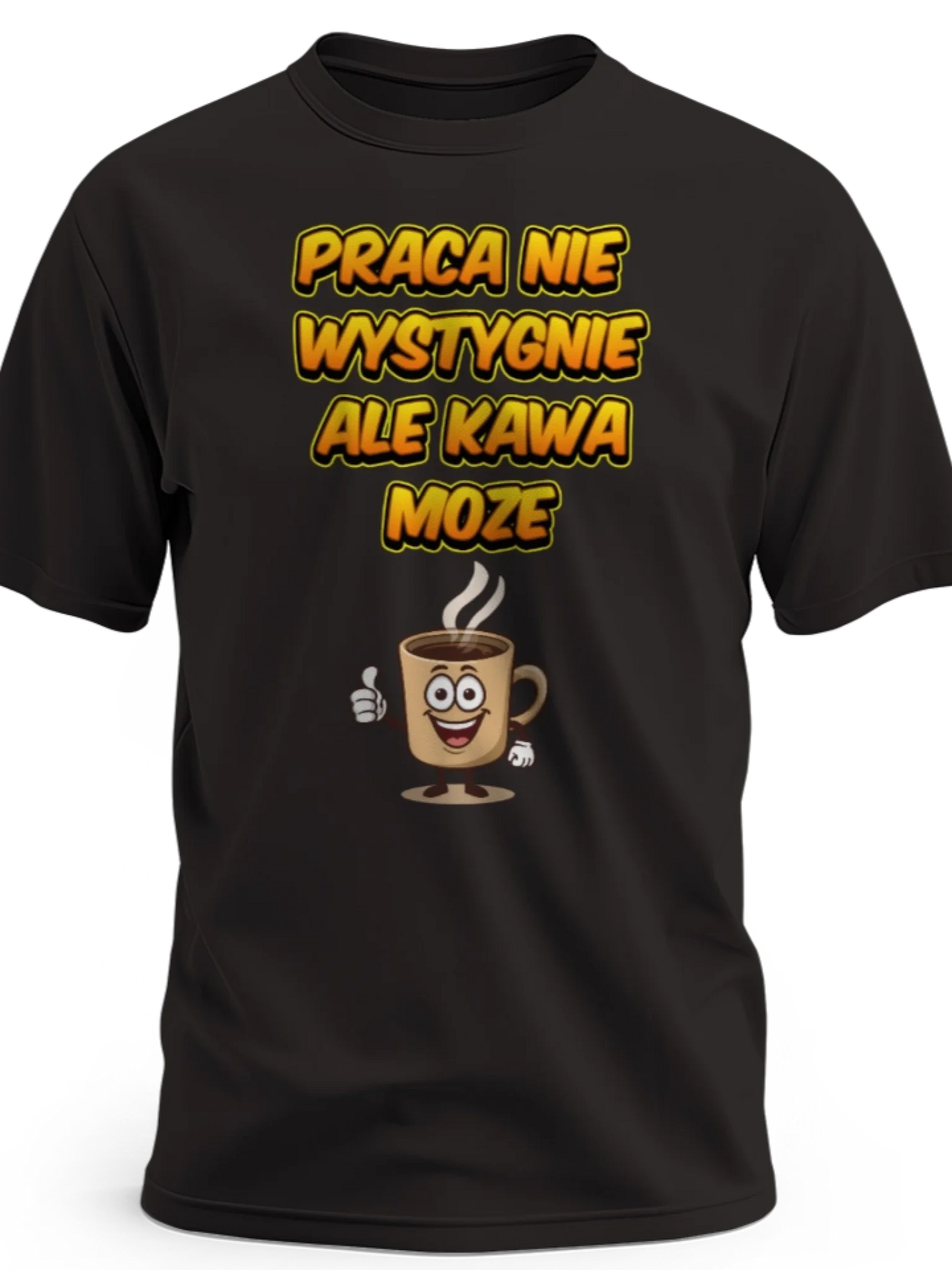 Prezent dla kawosza koszulka męska z nadrukiem kawy i napisem praca nie wystygnie ale kawa może czarna