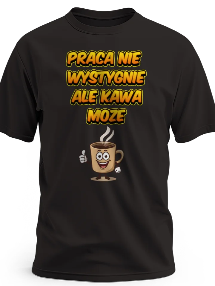 Prezent dla kawosza koszulka męska z nadrukiem kawy i napisem praca nie wystygnie ale kawa może czarna