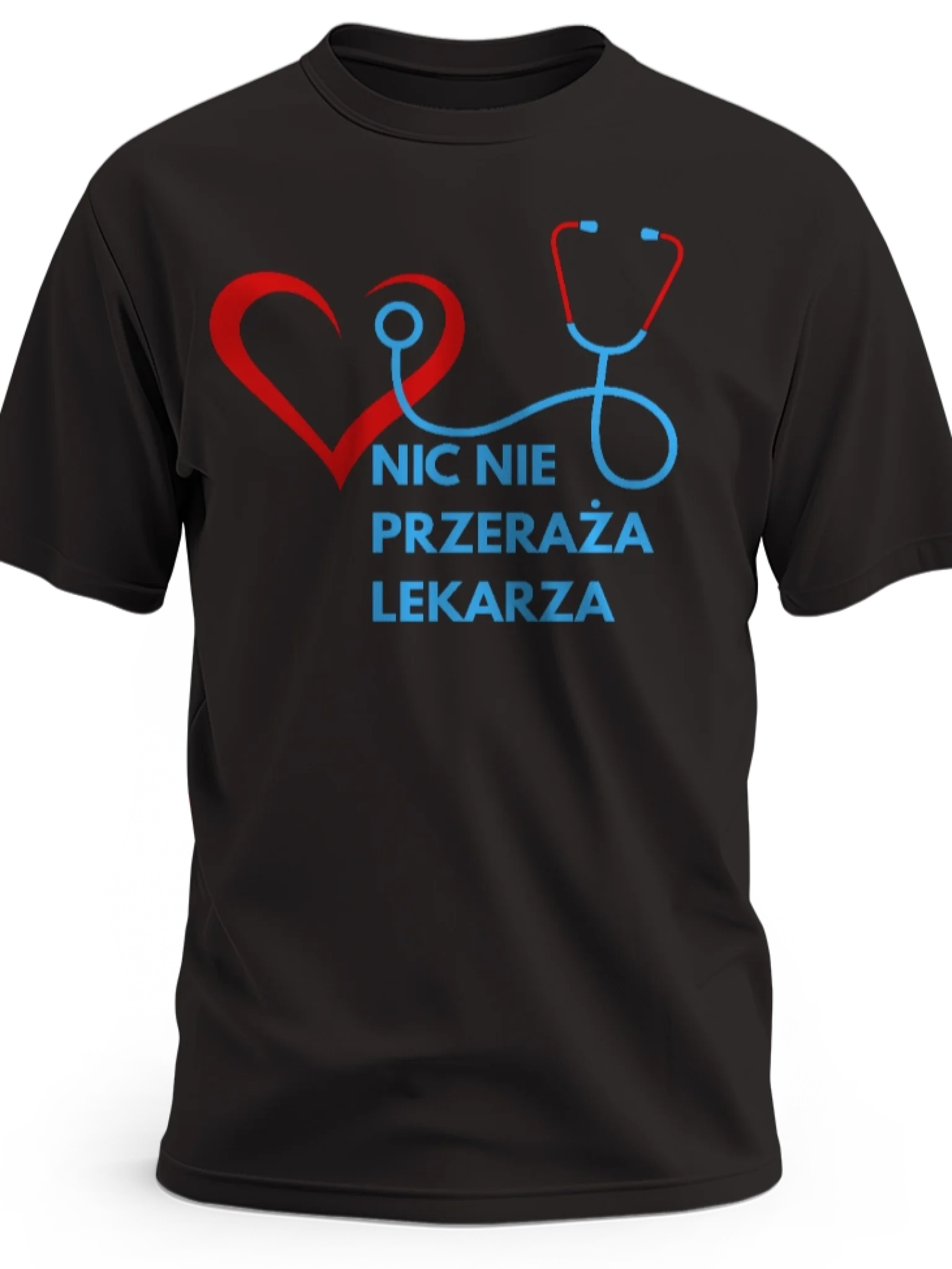 Prezent dla lekarza koszulka męska z nadrukiem nic nie przeraża lekarza czarna