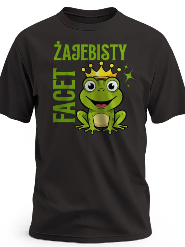 Prezent na dzień mężczyzny śmieszna koszulka z nadrukiem żaby i napisem żajebisty facet czarna