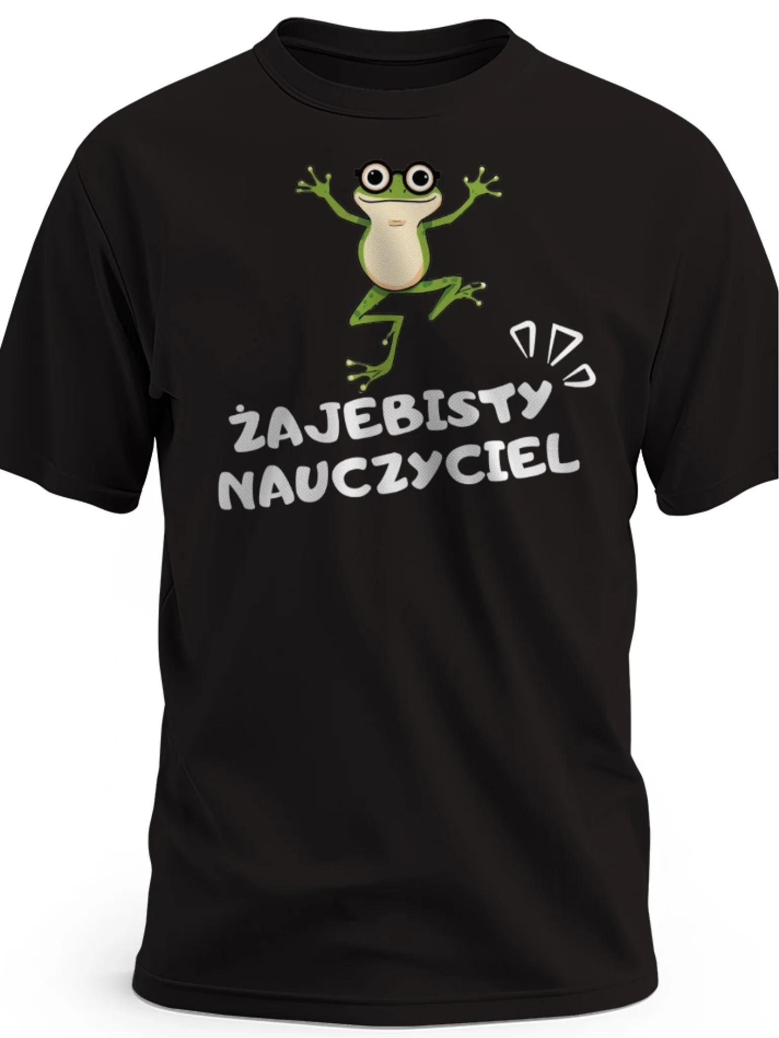 Prezent na dzień nauczyciela śmieszna koszulka męska z nadrukiem żaby i napisem żajebisty nauczyciel czarna