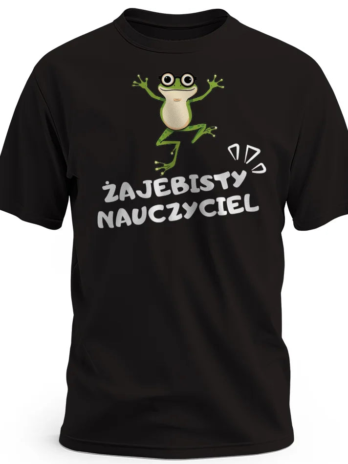 Prezent na dzień nauczyciela śmieszna koszulka męska z nadrukiem żaby i napisem żajebisty nauczyciel czarna