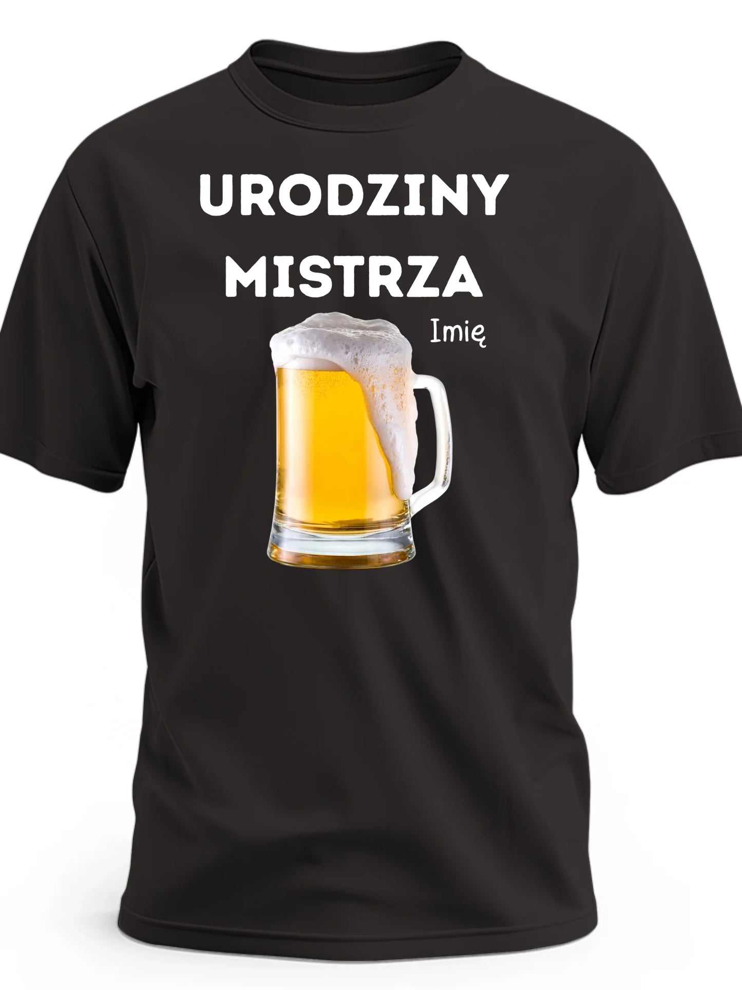 Prezent na urodziny koszulka męska z nadrukiem urodziny mistrza z piwem oraz imieniem personalizowana czarna