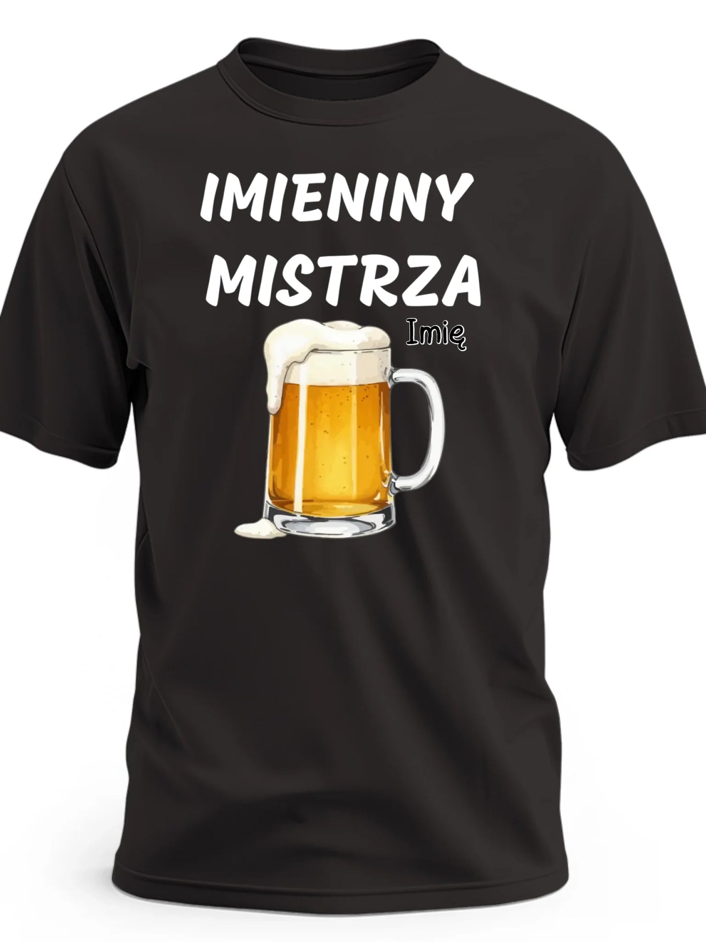 Koszulka męska z nadrukiem ma imieniny z napisem imieniny mistrza z imieniem i piwem czarna