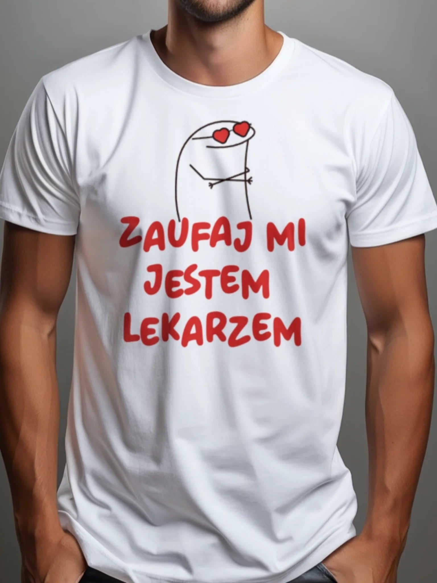 Prezent dla lekarza koszulka męska z nadrukiem zaufaj mi jestem lekarzem biała